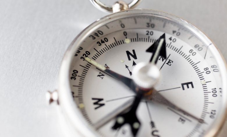 Vintage compass pointing north east.