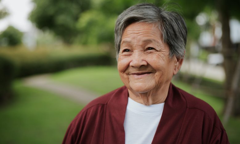 Portrait of asian elderly woman at park.