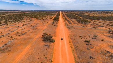 Straight red orange dirt road in outback Australia with single car driving