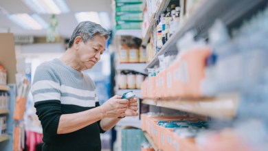 asian chinese senior man looking for medical supplies in drug store pharmacy shop