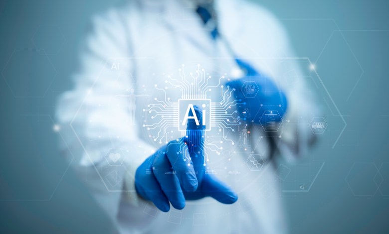 Health care and medical AI technology services concept.Medical worker touch virtual medical revolution and advance of technology Artificial Intelligence and technology for future Health